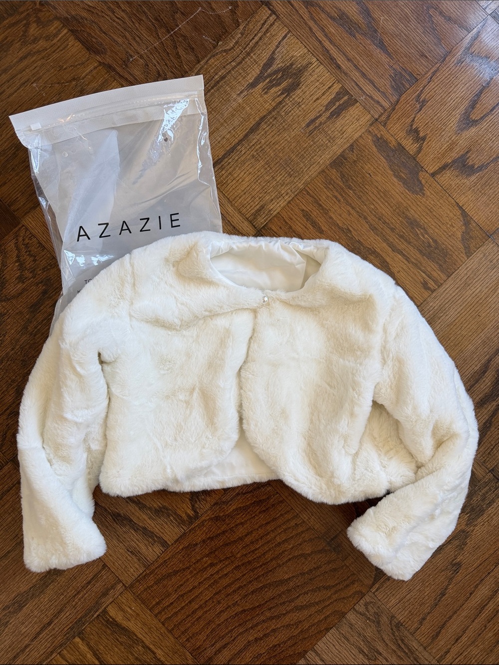 Azazie Ivory Faux Fur Bridal Shrug with Pearl Button
